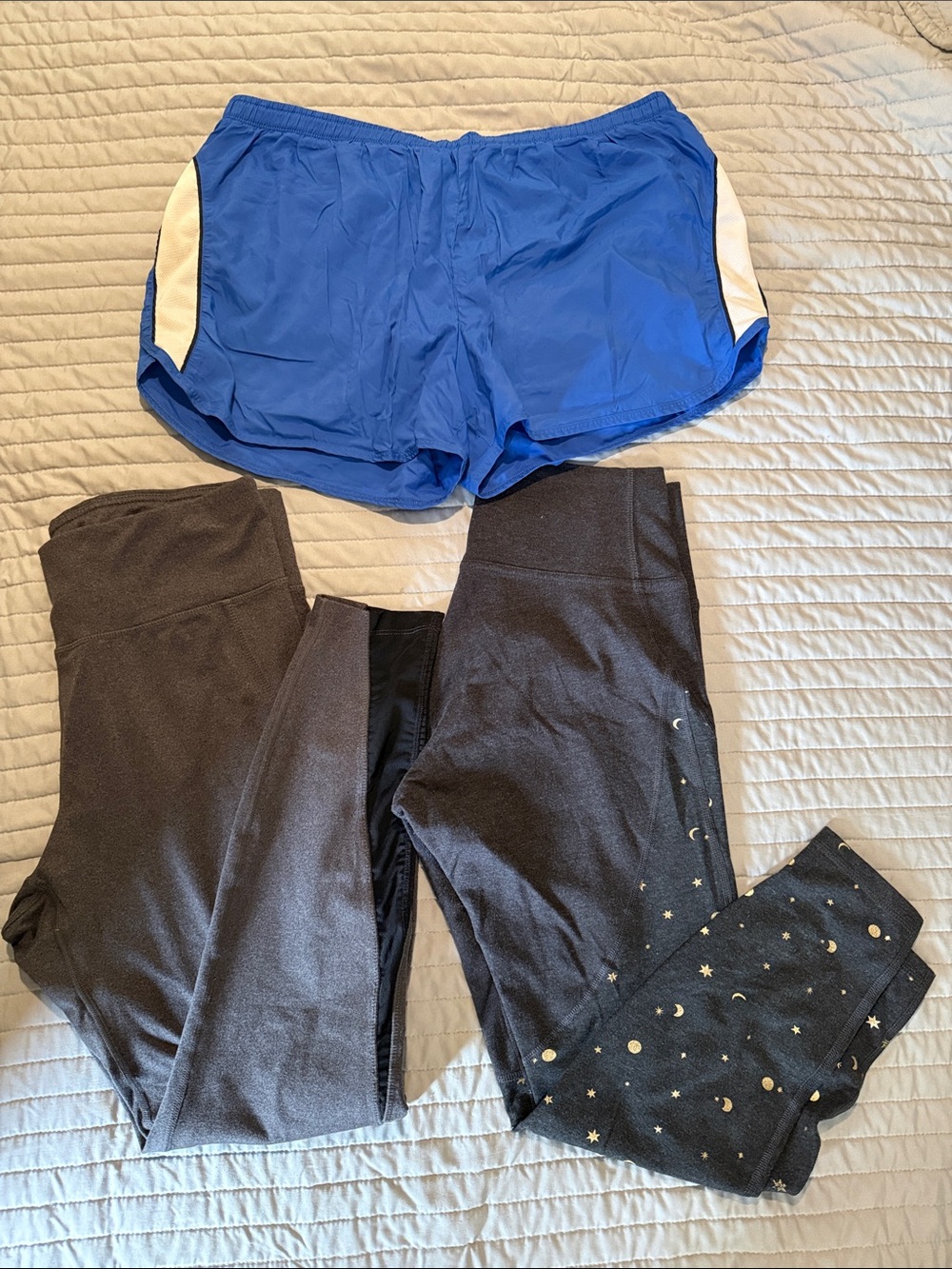 Old Navy Blue Athletic Shorts with Black Leggings — Metallic Moon Print